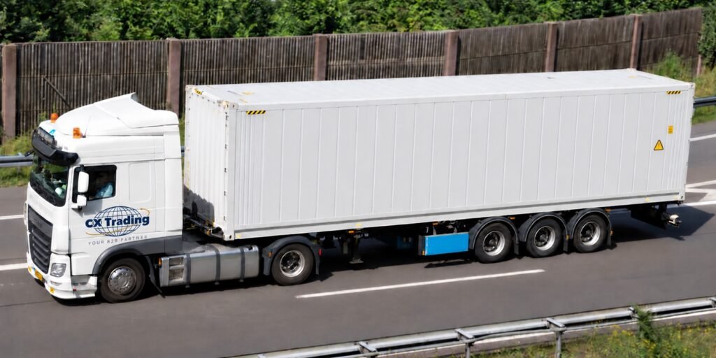 CX Trading branded truck transporting a shipping container